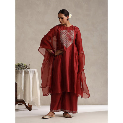 WeaverStory Maroon Chanderi Embroidered Kurta with Palazzo and Organza Dupatta (Set of 3)