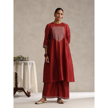 WeaverStory Maroon Chanderi Embroidered Kurta with Palazzo and Organza Dupatta (Set of 3)