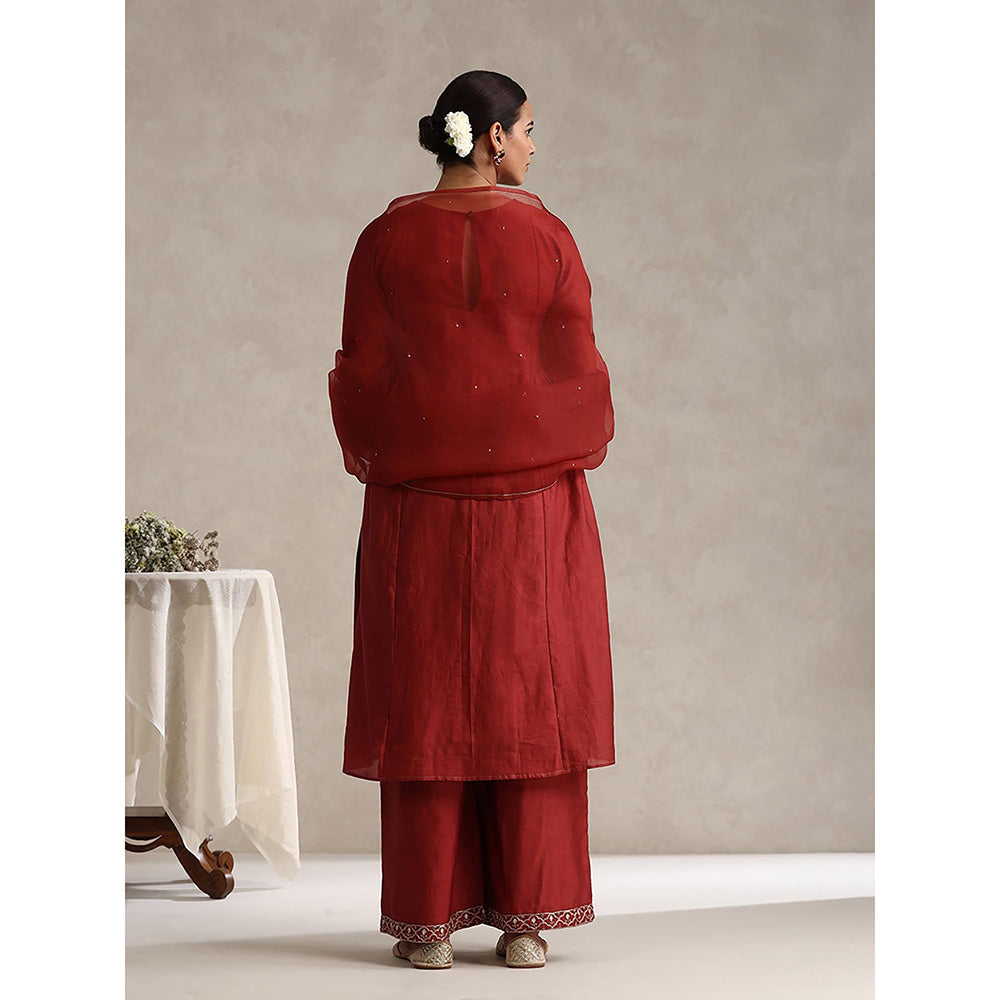 WeaverStory Maroon Chanderi Embroidered Kurta with Palazzo and Organza Dupatta (Set of 3)