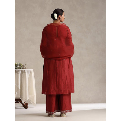 WeaverStory Maroon Chanderi Embroidered Kurta with Palazzo and Organza Dupatta (Set of 3)