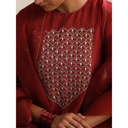 WeaverStory Maroon Chanderi Embroidered Kurta with Palazzo and Organza Dupatta (Set of 3)