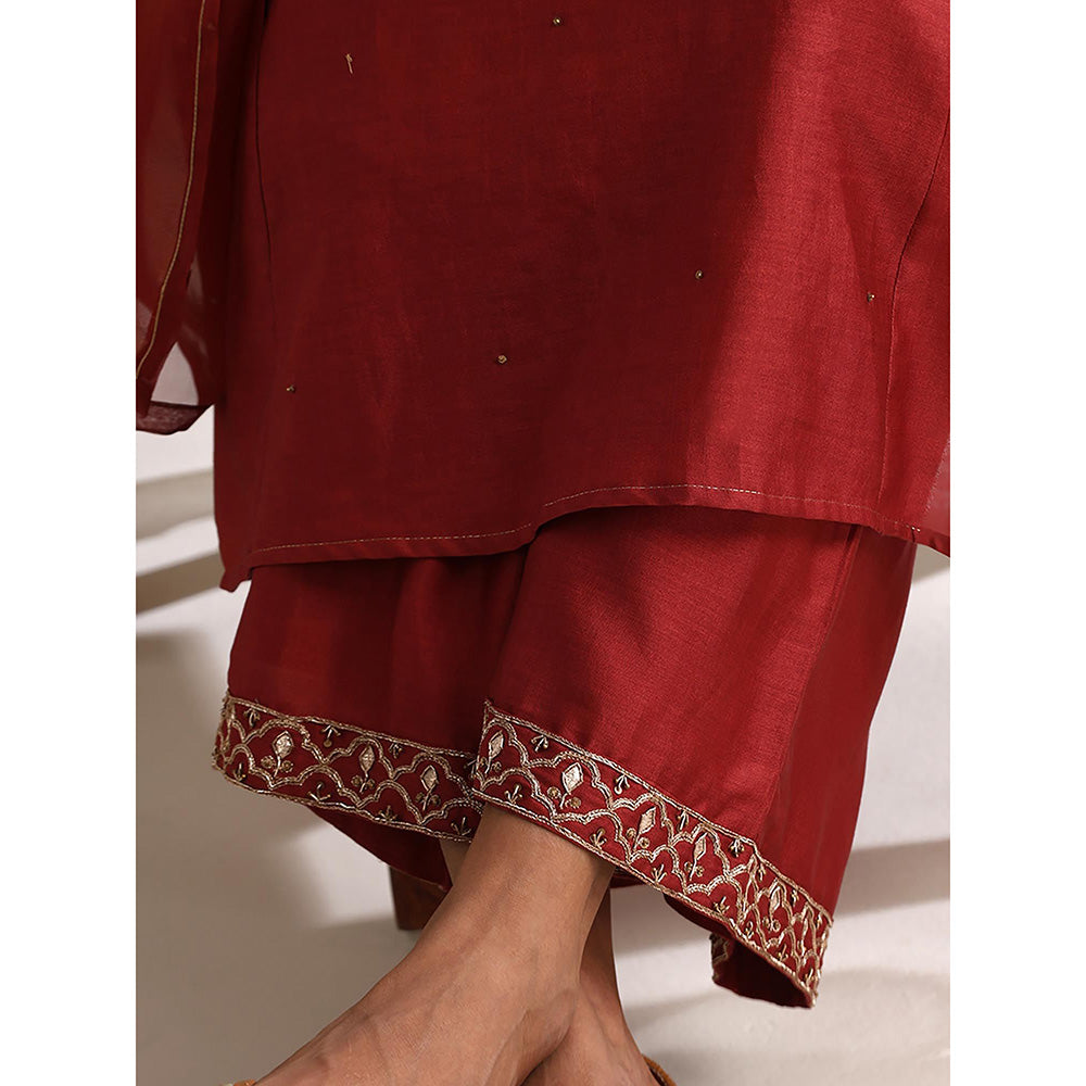 WeaverStory Maroon Chanderi Embroidered Kurta with Palazzo and Organza Dupatta (Set of 3)