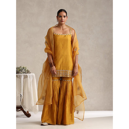 WeaverStory Mustard Chanderi Embroidered Kurta with Sharara and Organza Dupatta (Set of 3)