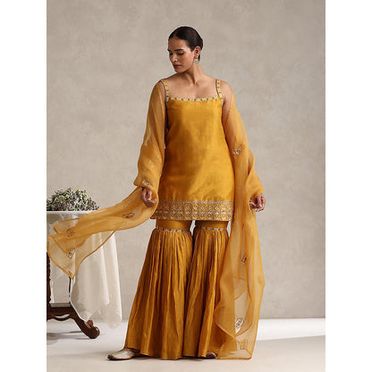 WeaverStory Mustard Chanderi Embroidered Kurta with Sharara and Organza Dupatta (Set of 3)