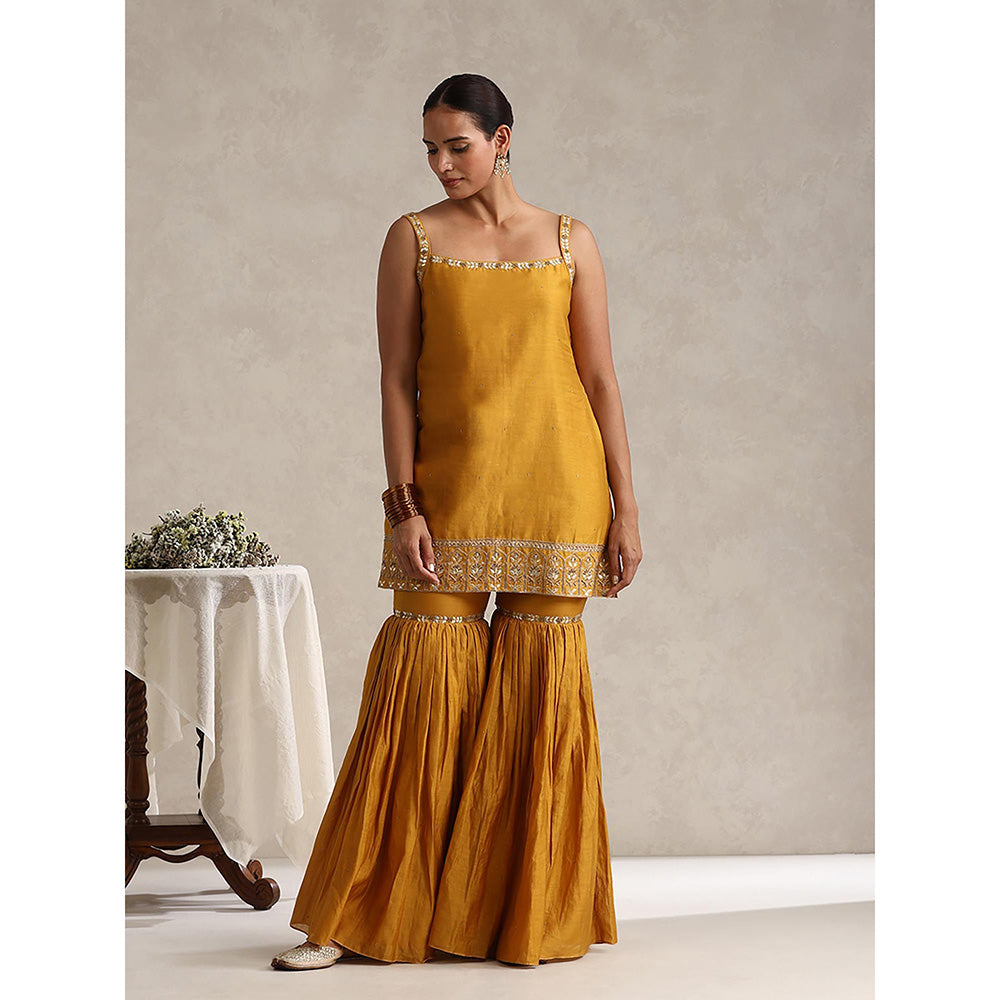 WeaverStory Mustard Chanderi Embroidered Kurta with Sharara and Organza Dupatta (Set of 3)