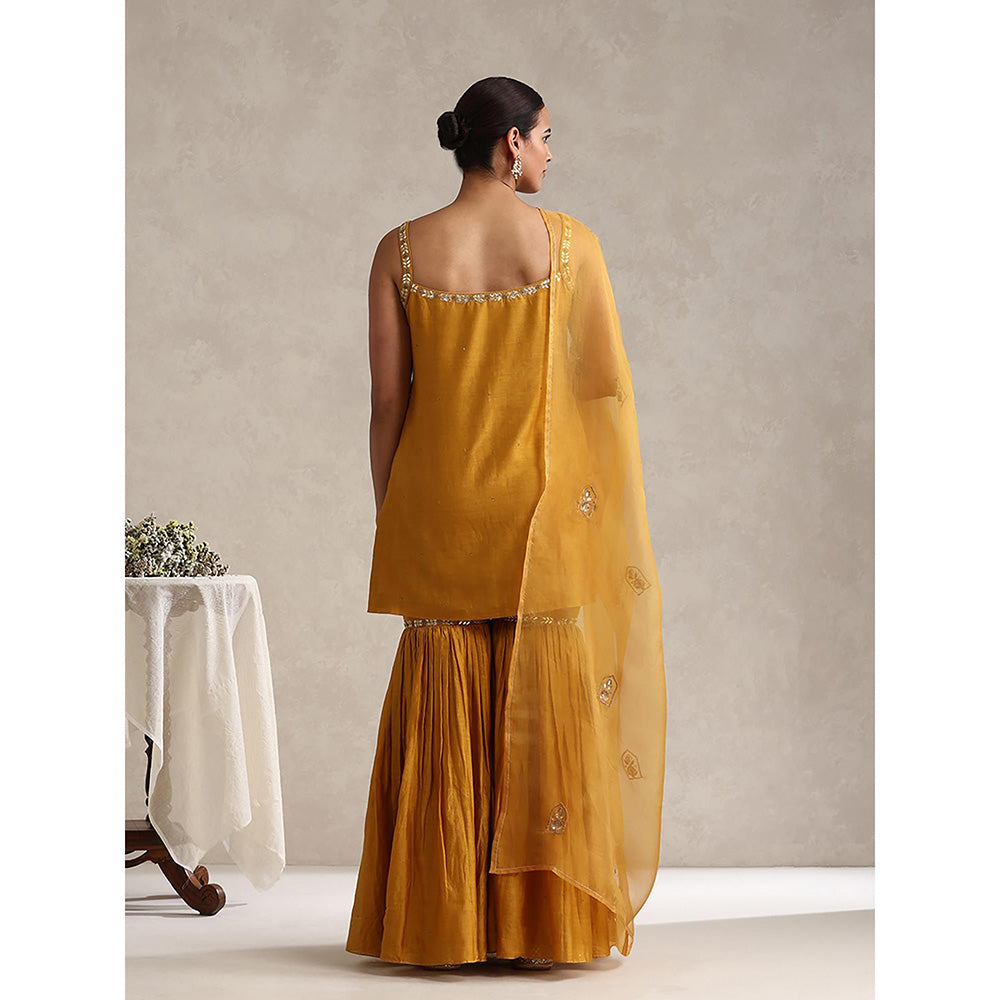 WeaverStory Mustard Chanderi Embroidered Kurta with Sharara and Organza Dupatta (Set of 3)