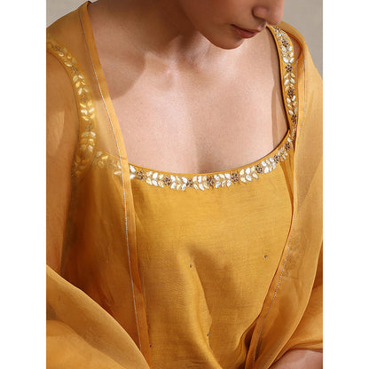 WeaverStory Mustard Chanderi Embroidered Kurta with Sharara and Organza Dupatta (Set of 3)