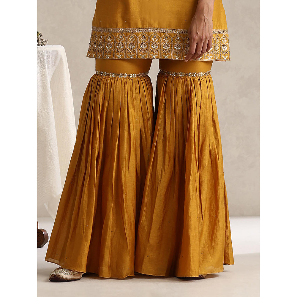 WeaverStory Mustard Chanderi Embroidered Kurta with Sharara and Organza Dupatta (Set of 3)