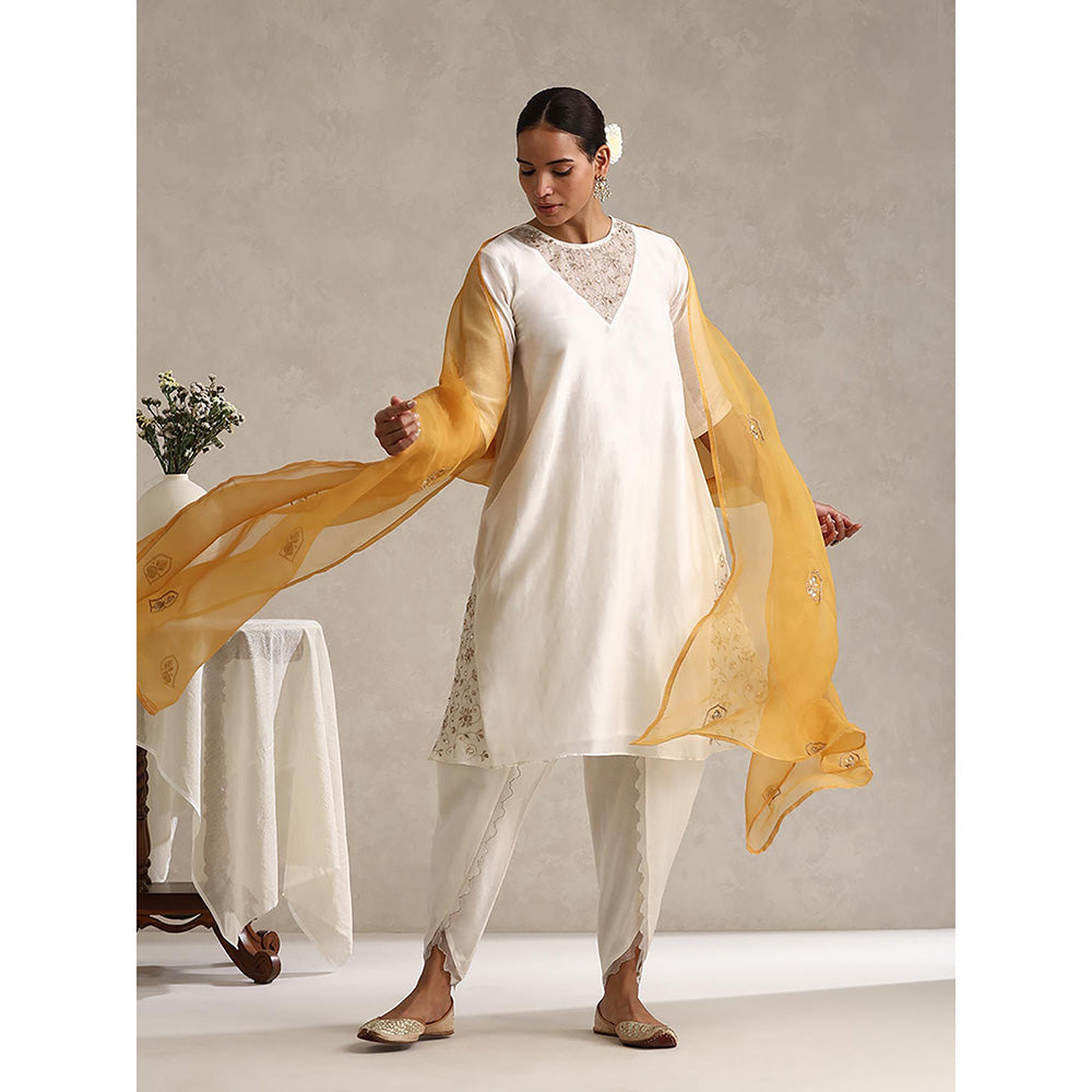 WeaverStory Off White Chanderi Embroidered Kurta with Dhoti and Dupatta (Set of 3)