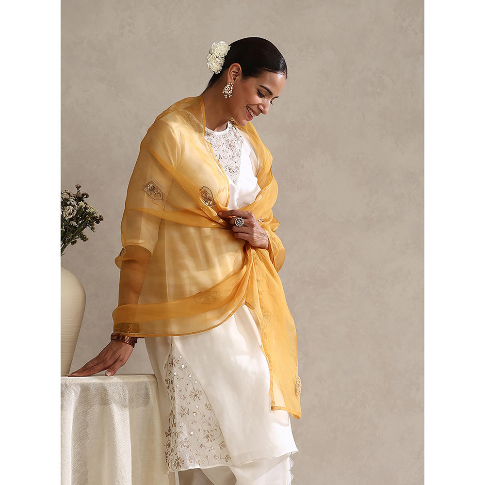 WeaverStory Off White Chanderi Embroidered Kurta with Dhoti and Dupatta (Set of 3)