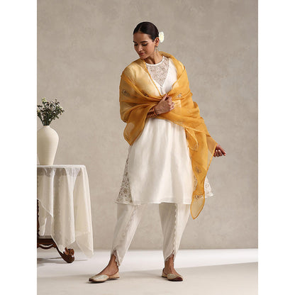 WeaverStory Off White Chanderi Embroidered Kurta with Dhoti and Dupatta (Set of 3)