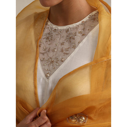 WeaverStory Off White Chanderi Embroidered Kurta with Dhoti and Dupatta (Set of 3)