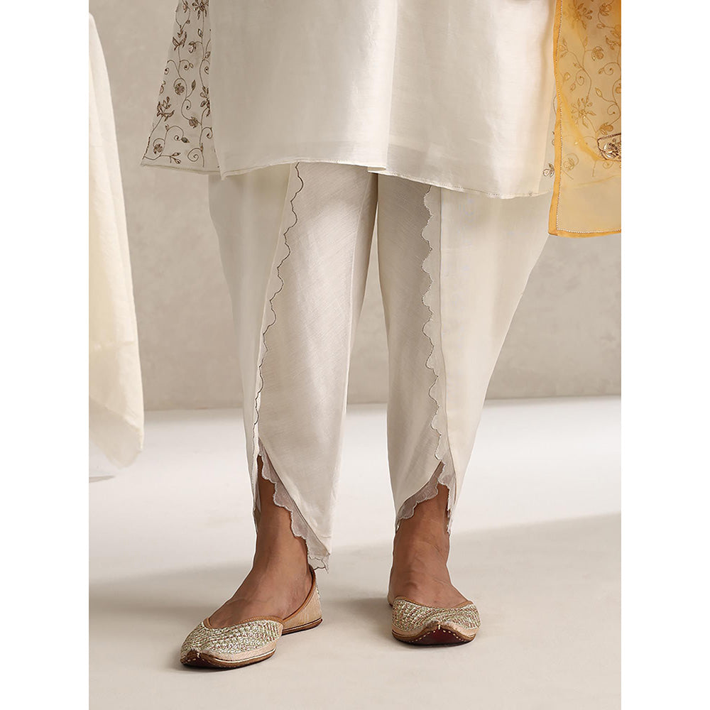 WeaverStory Off White Chanderi Embroidered Kurta with Dhoti and Dupatta (Set of 3)