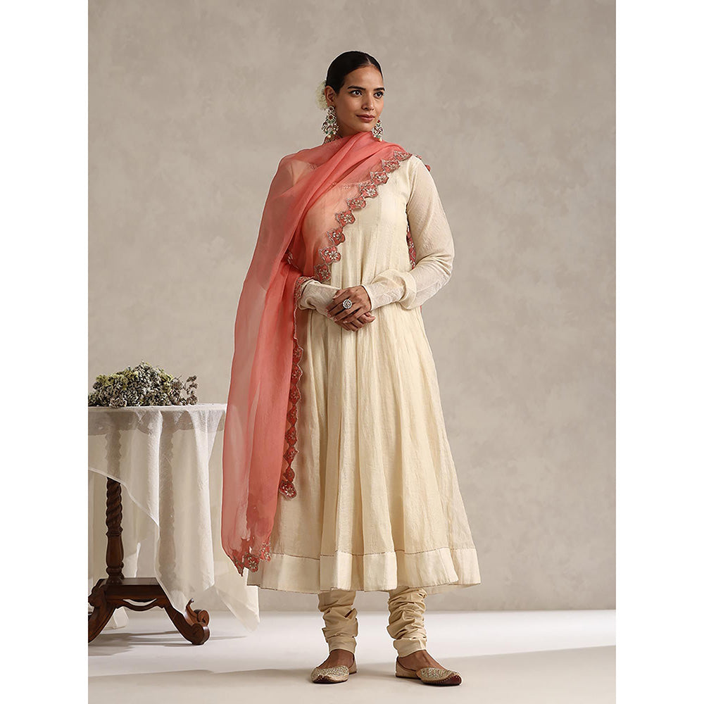 WeaverStory Off White Chanderi Embroidered Anarkali with Churidar and Dupatta (Set of 3)