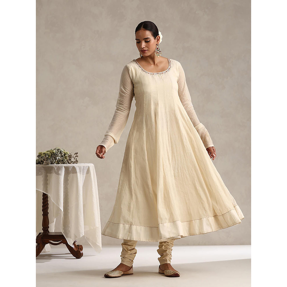 WeaverStory Off White Chanderi Embroidered Anarkali with Churidar and Dupatta (Set of 3)