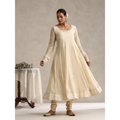 WeaverStory Off White Chanderi Embroidered Anarkali with Churidar and Dupatta (Set of 3)