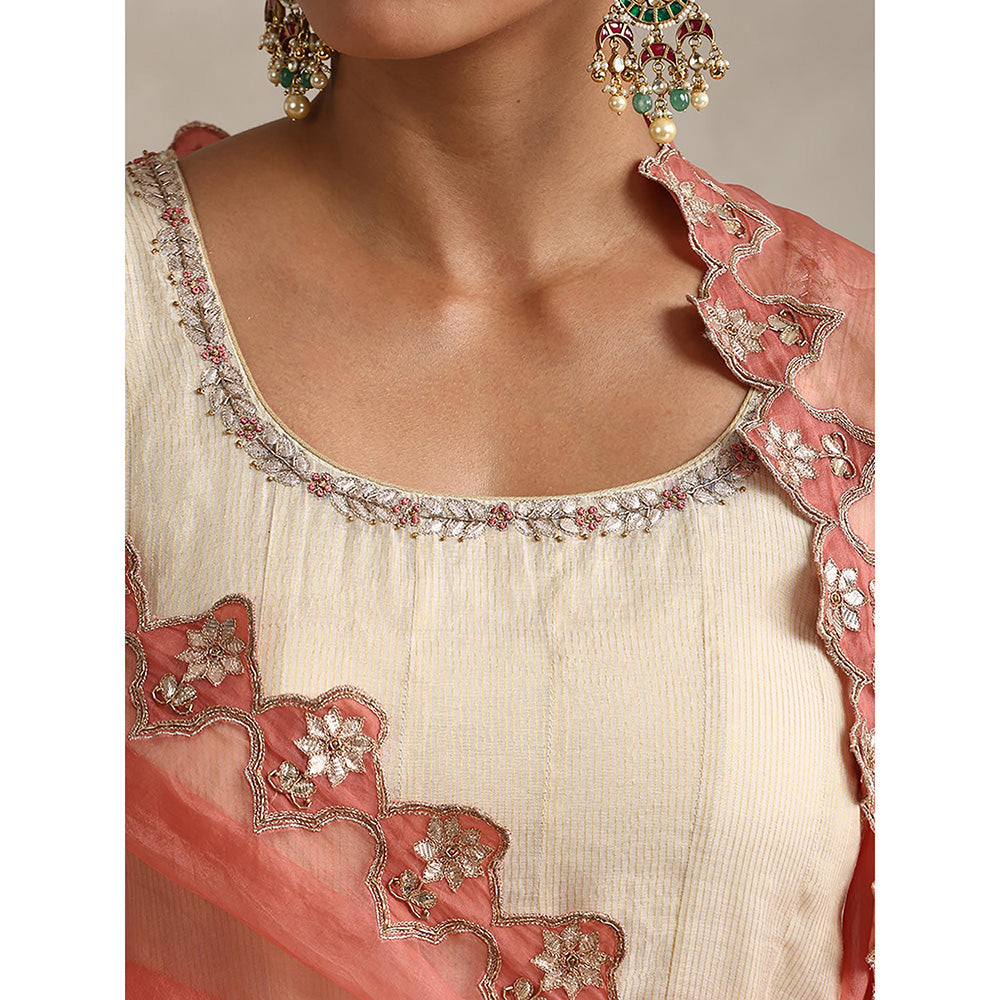 WeaverStory Off White Chanderi Embroidered Anarkali with Churidar and Dupatta (Set of 3)