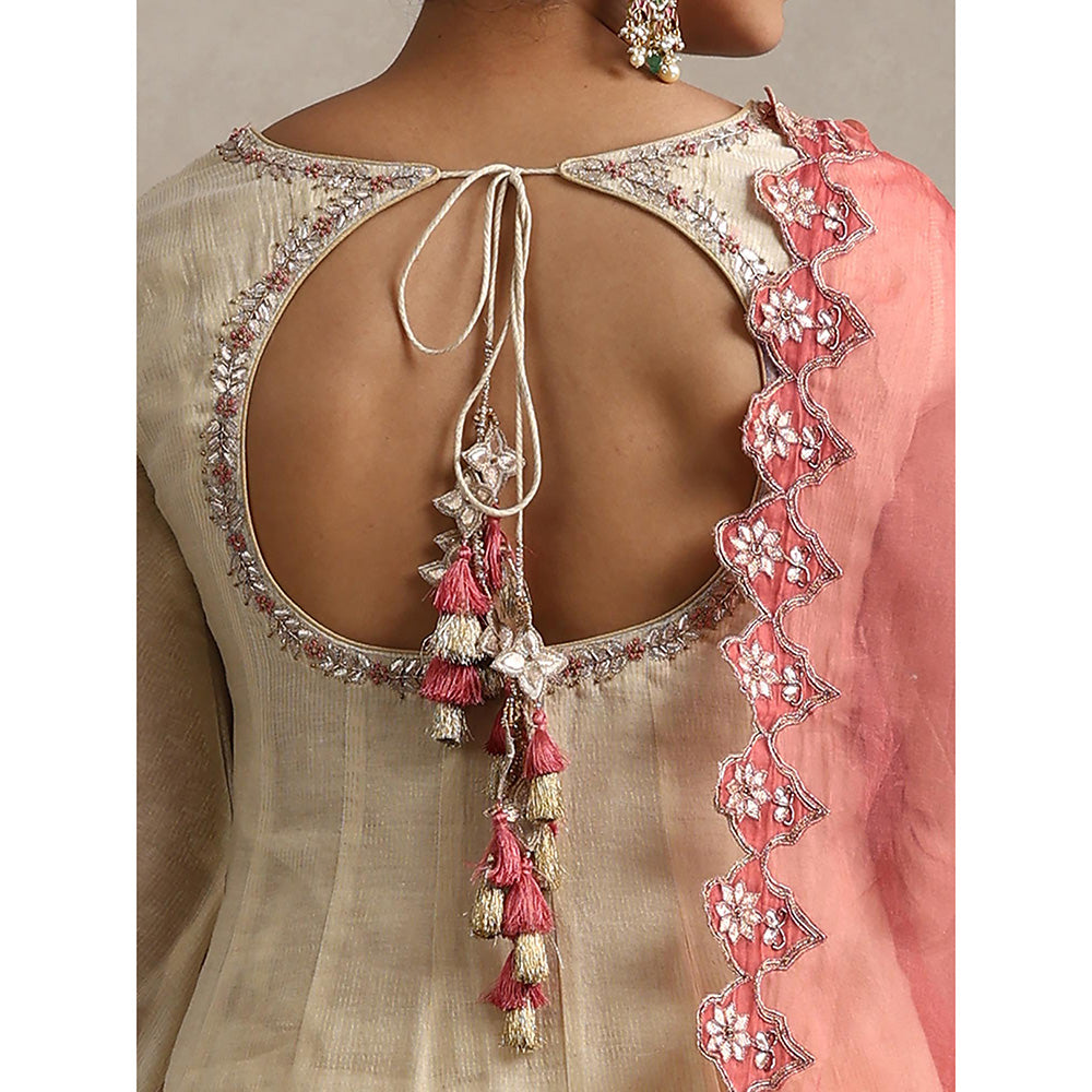 WeaverStory Off White Chanderi Embroidered Anarkali with Churidar and Dupatta (Set of 3)