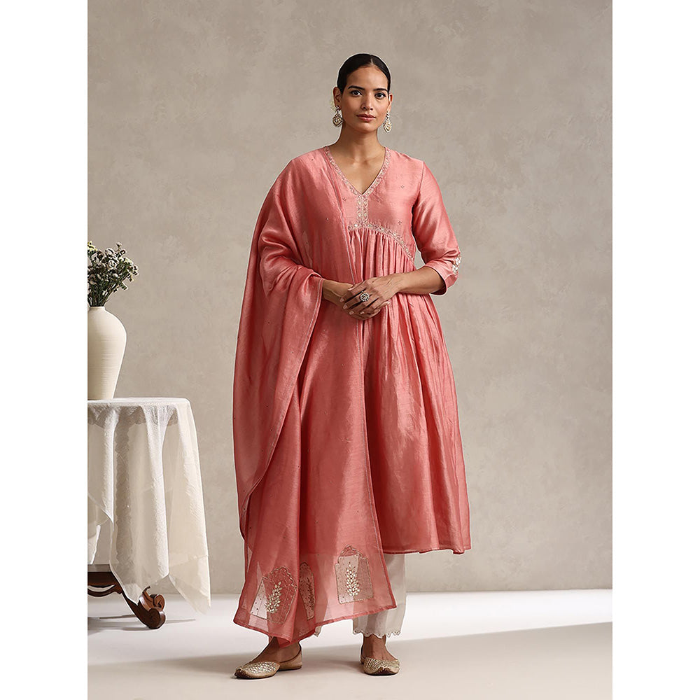 WeaverStory Chanderi Embroidered Gathered Anarkali with Pant and Dupatta (Set of 3)