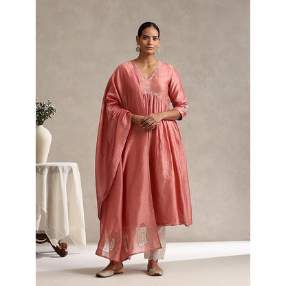 WeaverStory Chanderi Embroidered Gathered Anarkali with Pant and Dupatta (Set of 3)