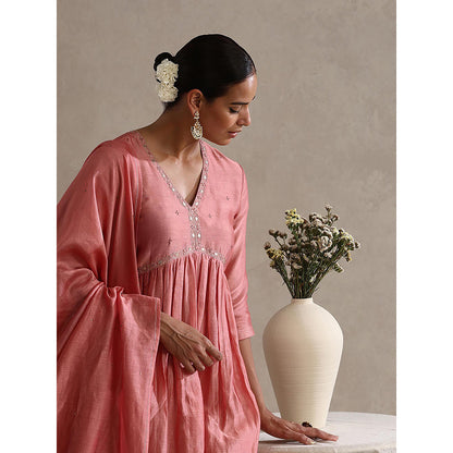 WeaverStory Chanderi Embroidered Gathered Anarkali with Pant and Dupatta (Set of 3)