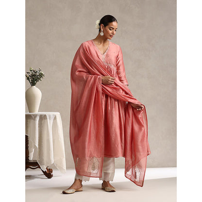 WeaverStory Chanderi Embroidered Gathered Anarkali with Pant and Dupatta (Set of 3)