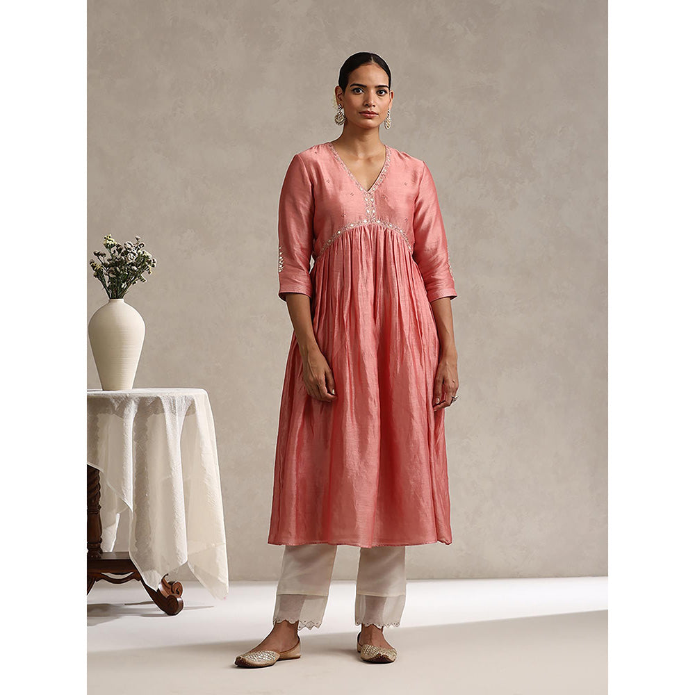 WeaverStory Chanderi Embroidered Gathered Anarkali with Pant and Dupatta (Set of 3)