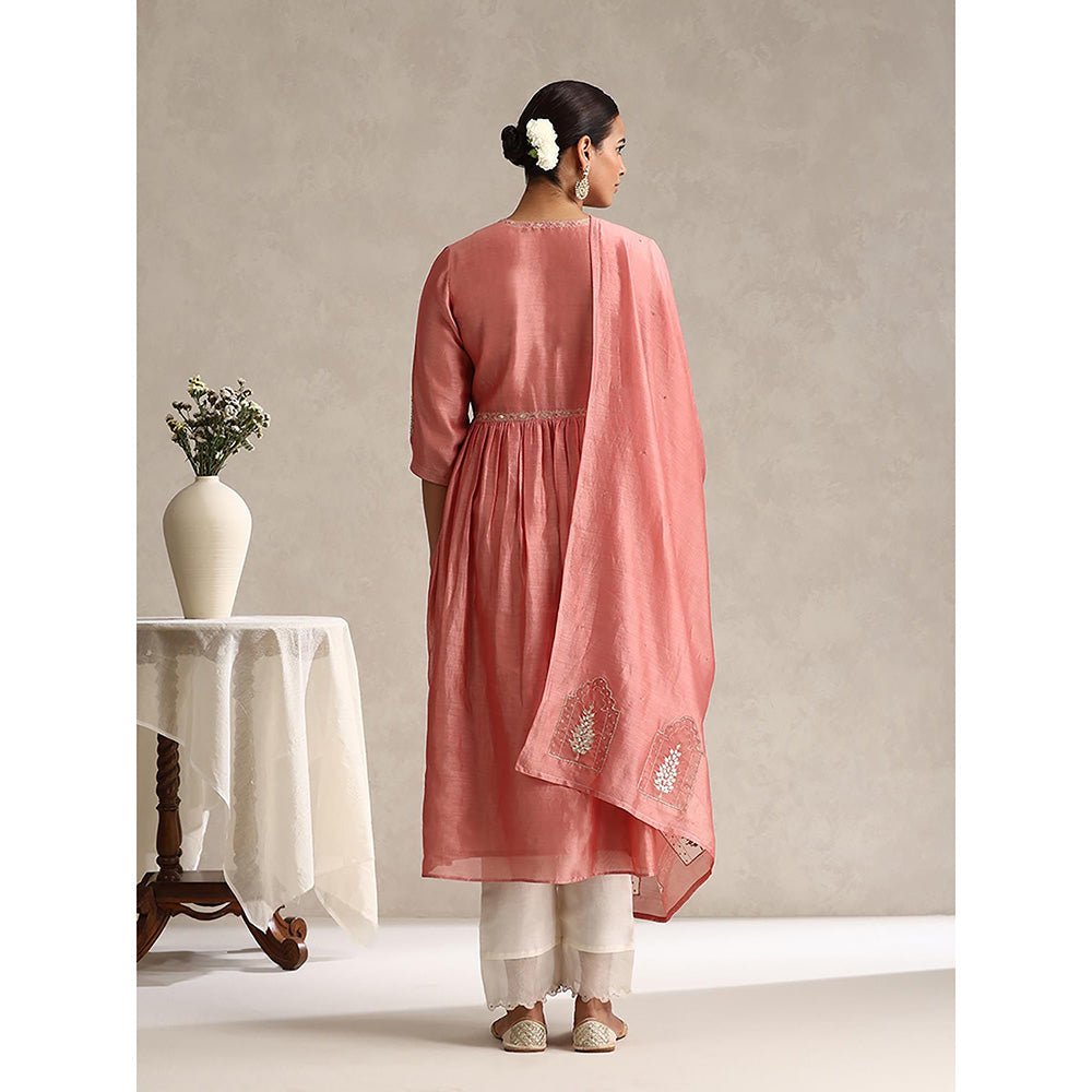 WeaverStory Chanderi Embroidered Gathered Anarkali with Pant and Dupatta (Set of 3)