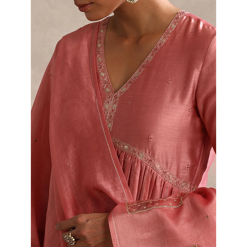 WeaverStory Chanderi Embroidered Gathered Anarkali with Pant and Dupatta (Set of 3)