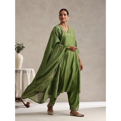 WeaverStory Green Chanderi Embroidered Anarkali with Pant and Dupatta (Set of 3)