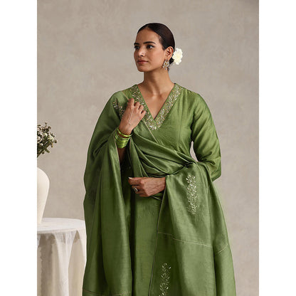 WeaverStory Green Chanderi Embroidered Anarkali with Pant and Dupatta (Set of 3)