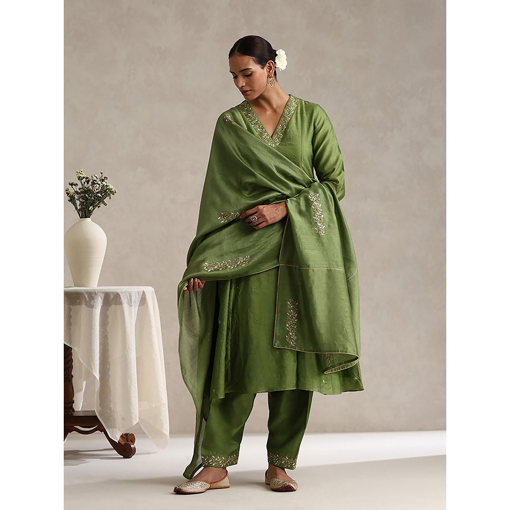 WeaverStory Green Chanderi Embroidered Anarkali with Pant and Dupatta (Set of 3)