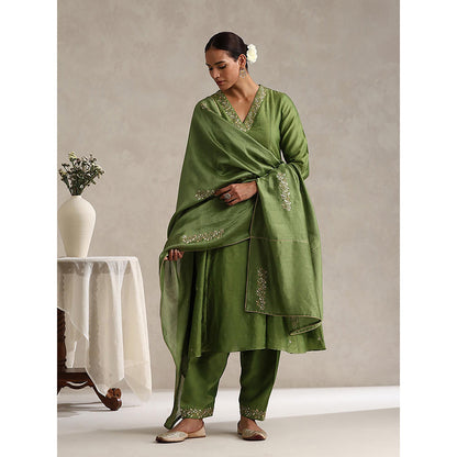WeaverStory Green Chanderi Embroidered Anarkali with Pant and Dupatta (Set of 3)