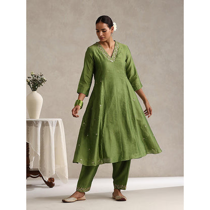 WeaverStory Green Chanderi Embroidered Anarkali with Pant and Dupatta (Set of 3)