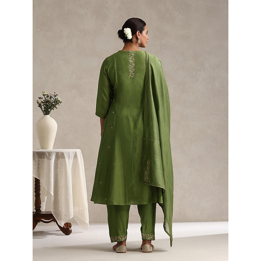 WeaverStory Green Chanderi Embroidered Anarkali with Pant and Dupatta (Set of 3)