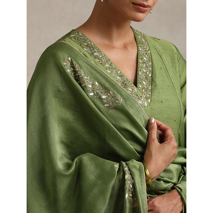 WeaverStory Green Chanderi Embroidered Anarkali with Pant and Dupatta (Set of 3)