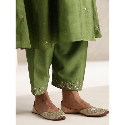 WeaverStory Green Chanderi Embroidered Anarkali with Pant and Dupatta (Set of 3)