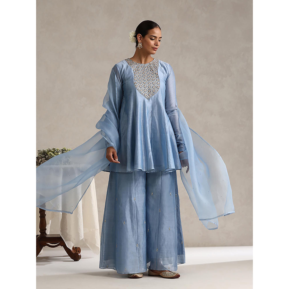 WeaverStory Chanderi Light Blue Embroidered Kurta with Palazzo and Dupatta (Set of 3)