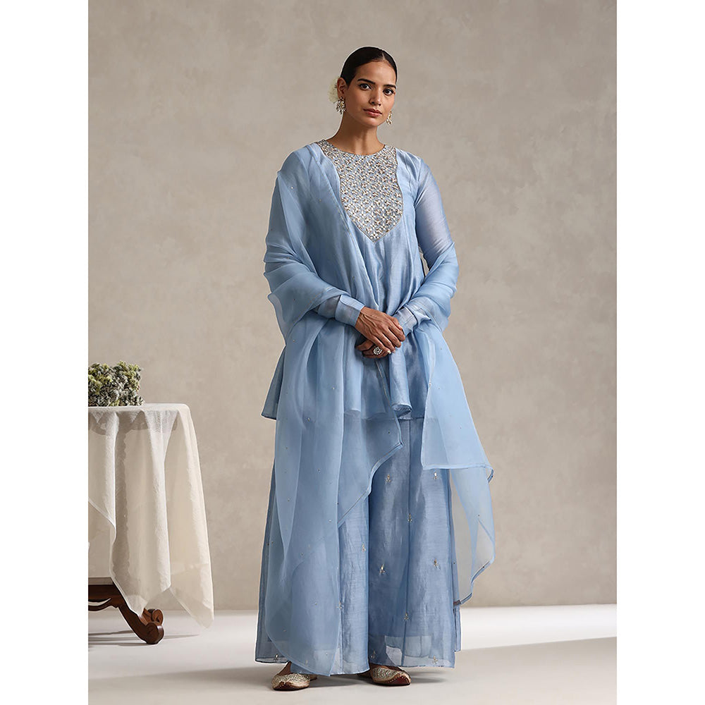 WeaverStory Chanderi Light Blue Embroidered Kurta with Palazzo and Dupatta (Set of 3)