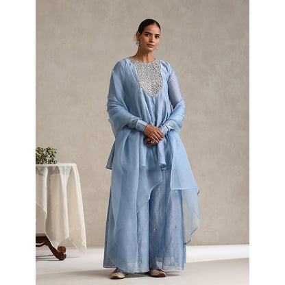 WeaverStory Chanderi Light Blue Embroidered Kurta with Palazzo and Dupatta (Set of 3)