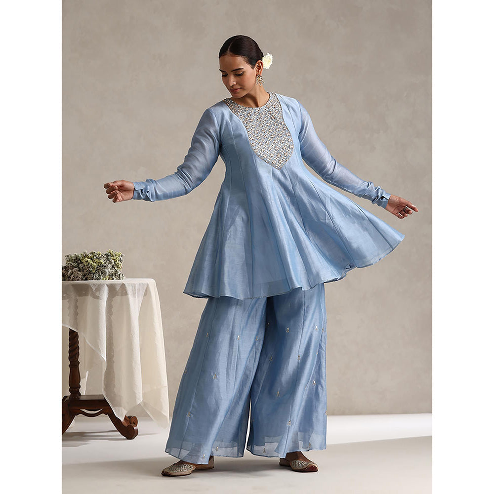 WeaverStory Chanderi Light Blue Embroidered Kurta with Palazzo and Dupatta (Set of 3)