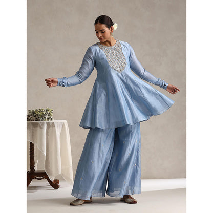 WeaverStory Chanderi Light Blue Embroidered Kurta with Palazzo and Dupatta (Set of 3)