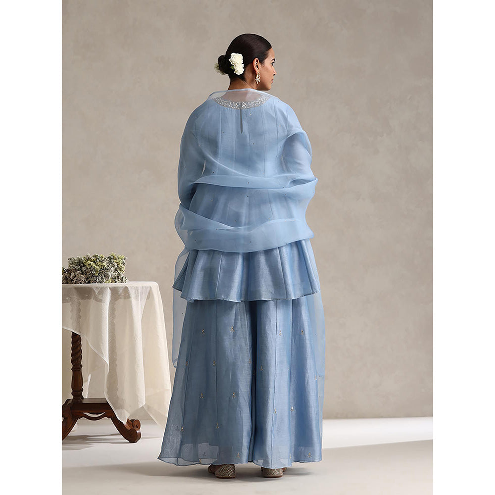 WeaverStory Chanderi Light Blue Embroidered Kurta with Palazzo and Dupatta (Set of 3)