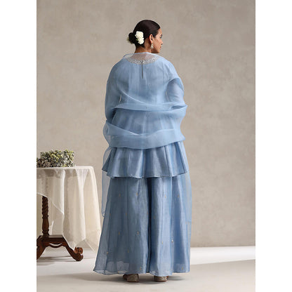 WeaverStory Chanderi Light Blue Embroidered Kurta with Palazzo and Dupatta (Set of 3)