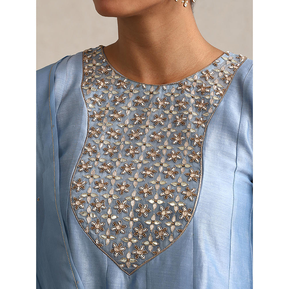 WeaverStory Chanderi Light Blue Embroidered Kurta with Palazzo and Dupatta (Set of 3)