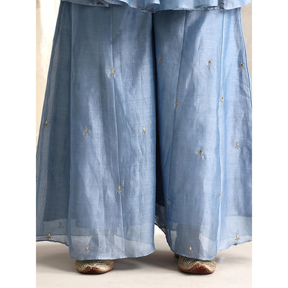 WeaverStory Chanderi Light Blue Embroidered Kurta with Palazzo and Dupatta (Set of 3)