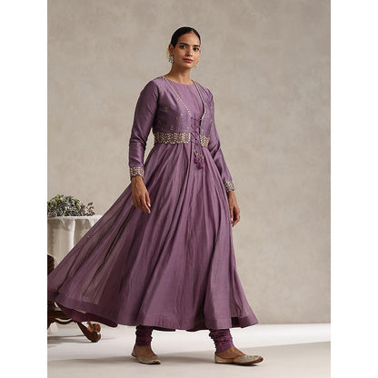 WeaverStory Purple Chanderi Embroidered Anarkali with Koti and Churidar (Set of 3)