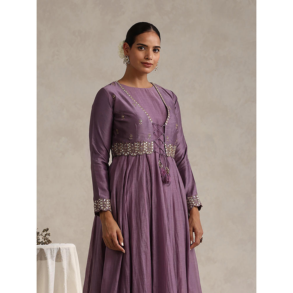 WeaverStory Purple Chanderi Embroidered Anarkali with Koti and Churidar (Set of 3)