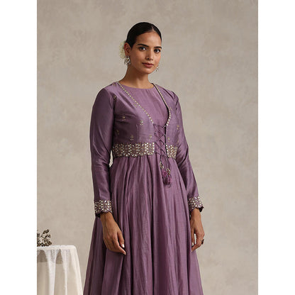 WeaverStory Purple Chanderi Embroidered Anarkali with Koti and Churidar (Set of 3)