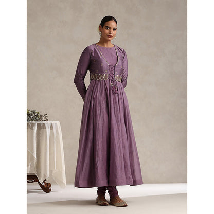 WeaverStory Purple Chanderi Embroidered Anarkali with Koti and Churidar (Set of 3)